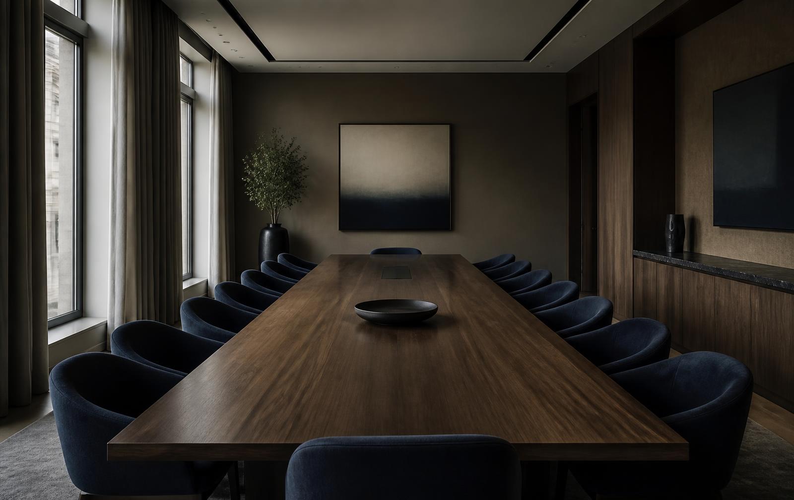 Empty boardroom with a long table, set for a strategic conversation