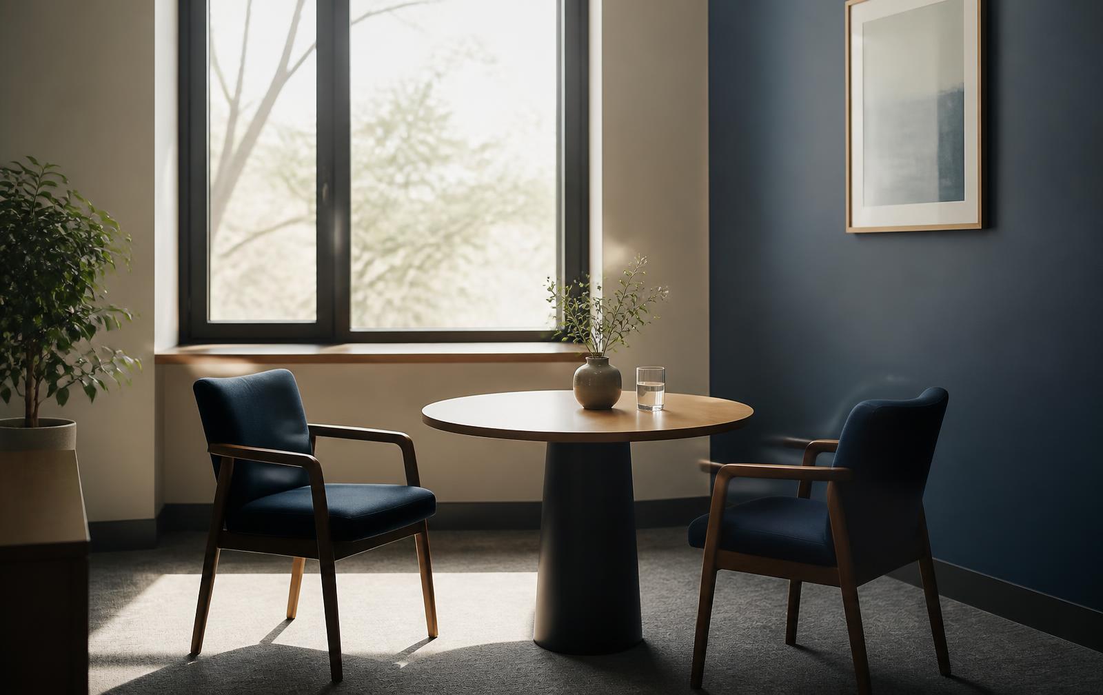 Two chairs facing each other across a small table in a sunlit meeting room
