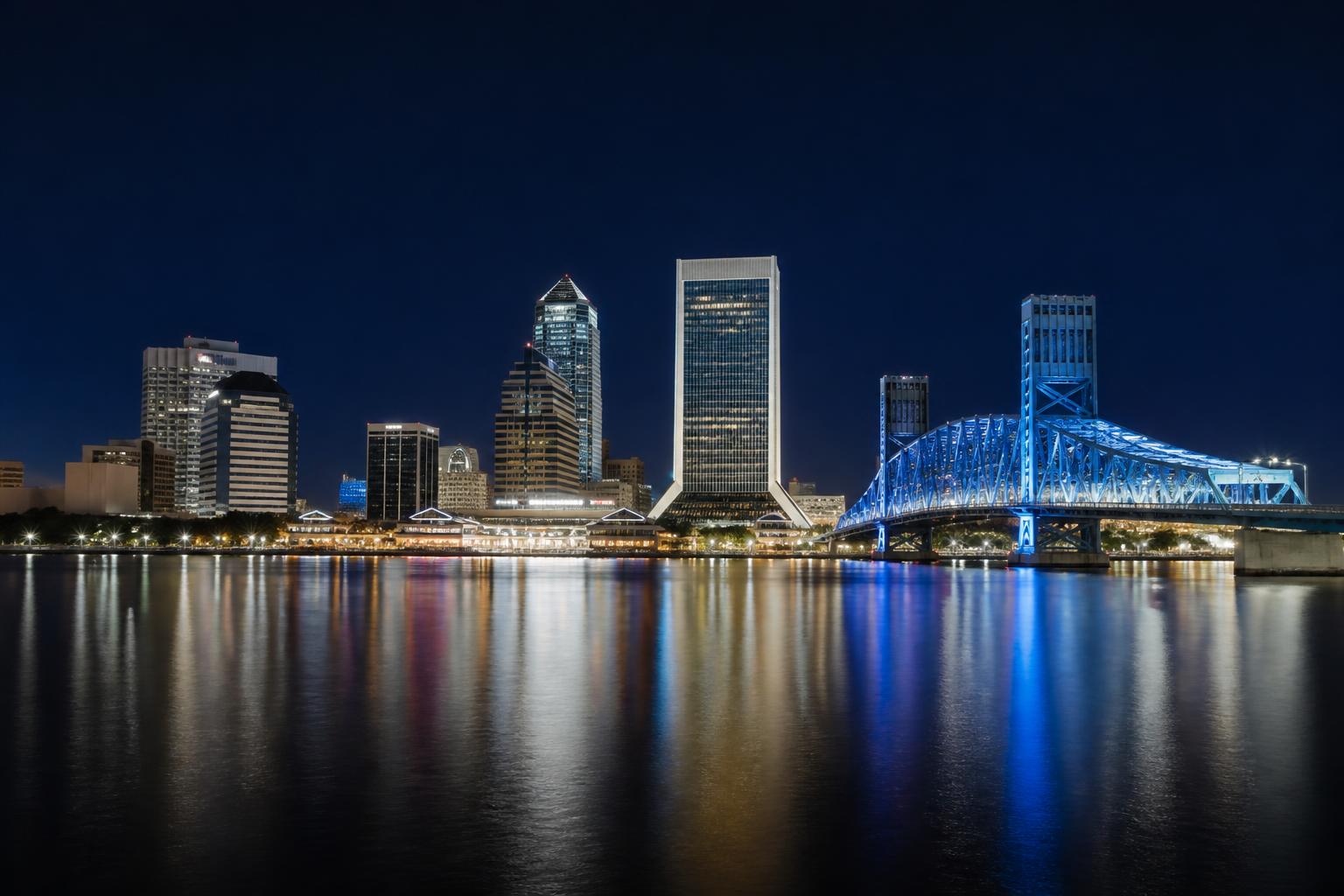Jacksonville, Florida skyline at dusk with the St. Johns River and Main Street Bridge