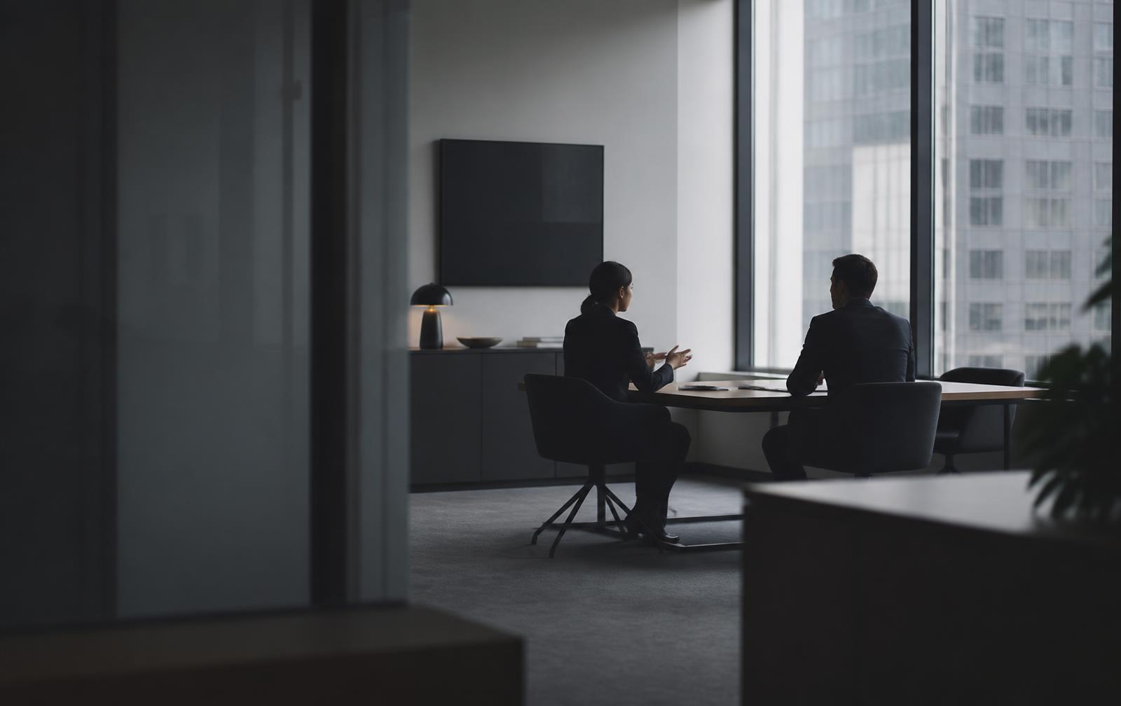 Two professionals in conversation across a table in a quiet modern office