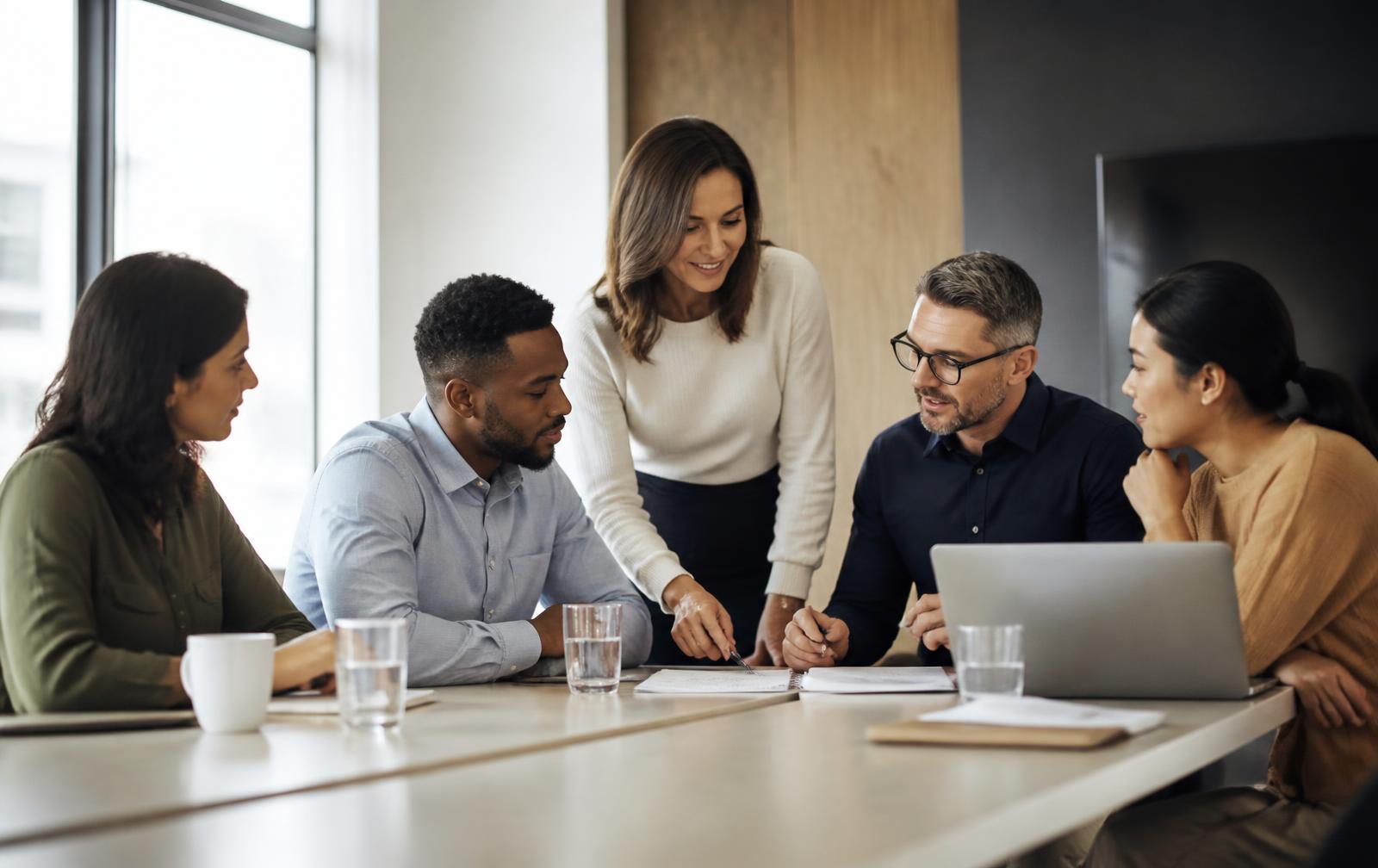 A diverse team collaborating around a conference table reviewing documents and a laptop